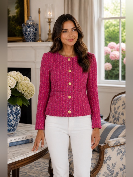J. Crew Jackets & Blazers - J.CREW Pink Tweed Bouclé Jacket Gold Crest Buttons Size 8 NWOT